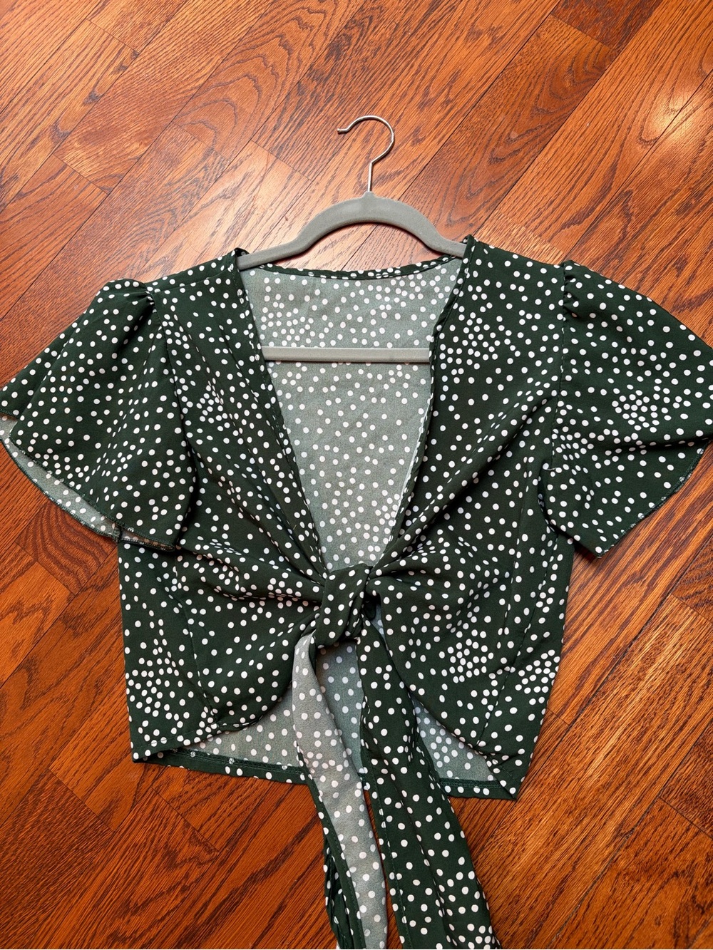 Forest Green Polka Dot Tie-Front Crop Top